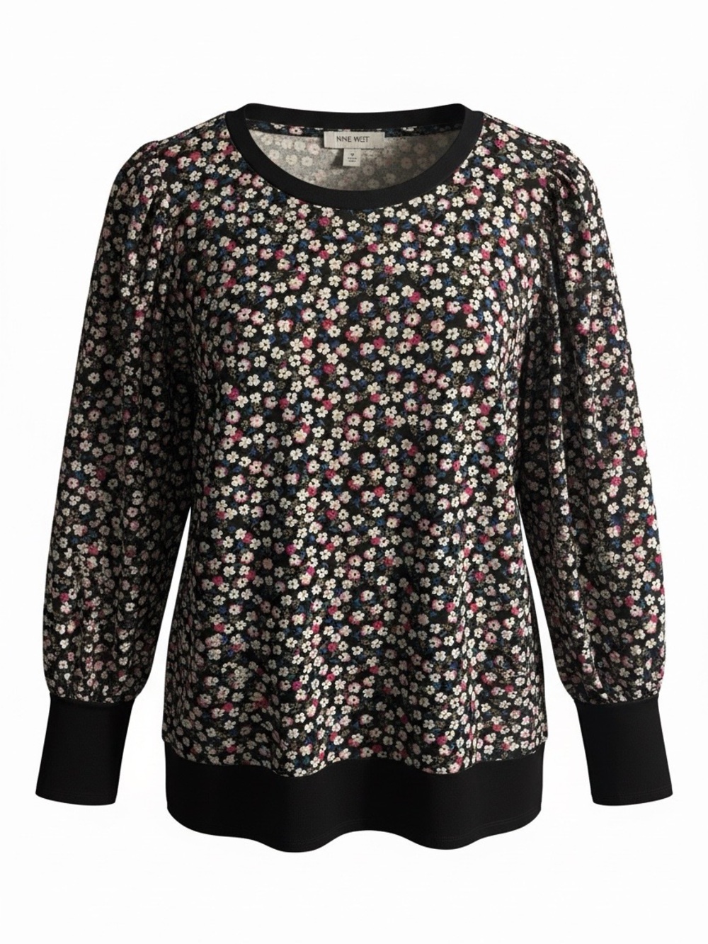 Nine West Black Floral Puff-Sleeve Long Sleeve Top